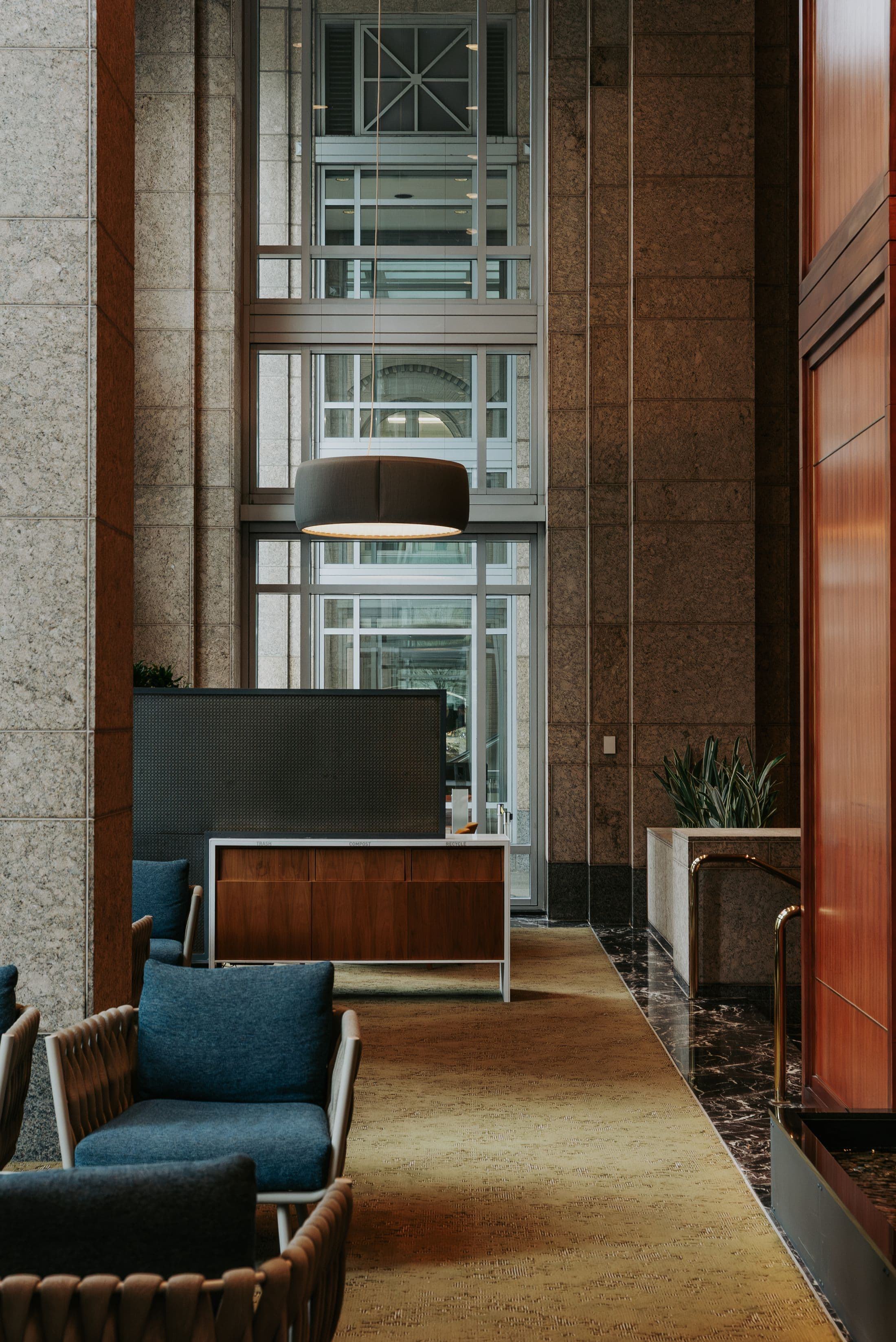 Architectural office atrium with seating