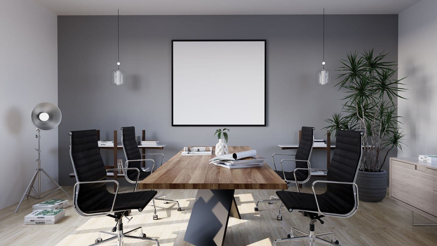Minimalist meeting room with table and task chairs