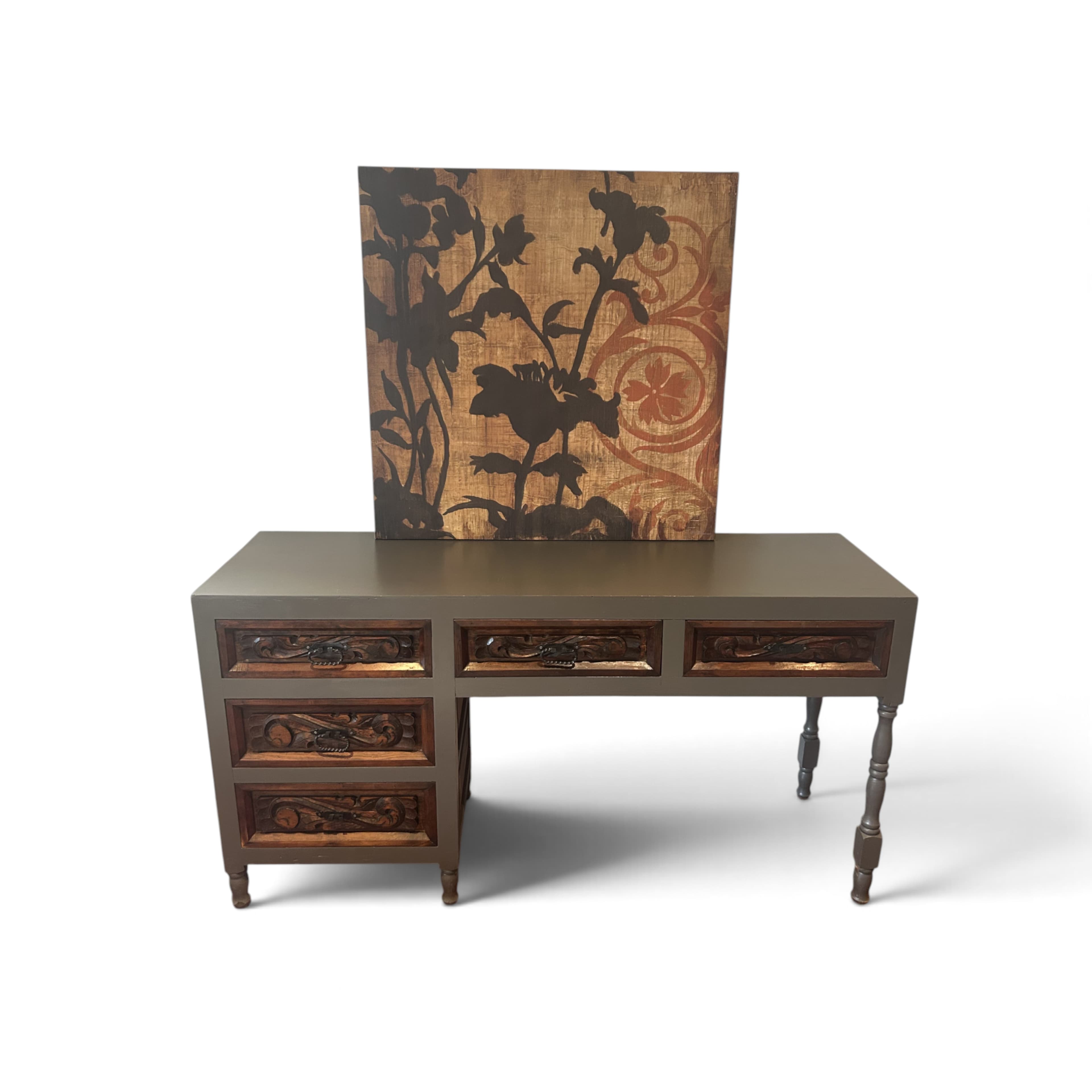 Hand-Carved Wood and Gray Painted Desk